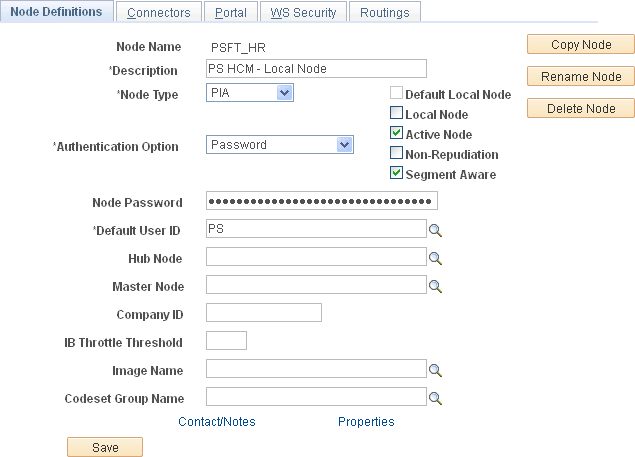 Node Definitions page showing a remote default local node