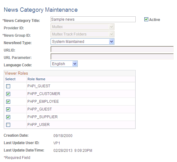 News Category Maintenance page