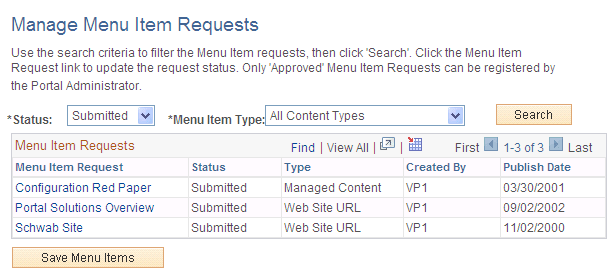 Manage Menu Item Requests page