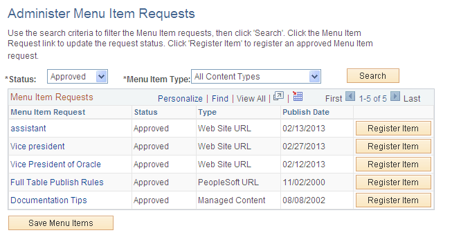 Administer Menu Item Requests page