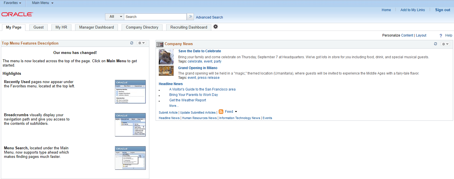 Portal homepage displaying multiple custom homepage tabs