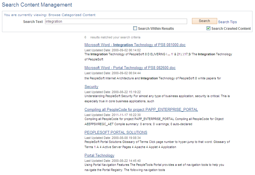 Search Content Management page (crawled content)