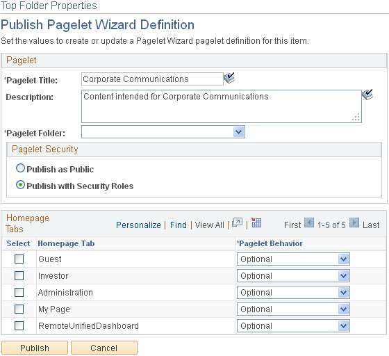 Folders Properties - Publish Pagelet Wizard Definition page