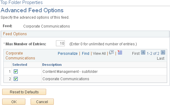 Top Folder Properties - Advanced Feed Options page