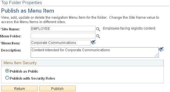 Folder Properties - Publish as Menu Item page