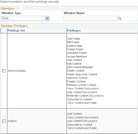 Folder Security - Set Members Privileges page, Managed Content component