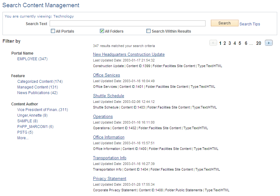 Search Content Management page
