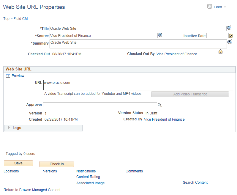 Web Site URL Properties page