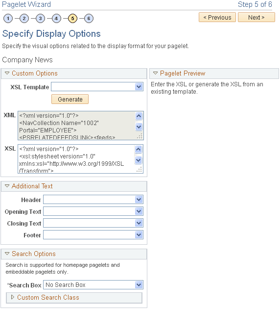 Pagelet Wizard - Select Display Options page with Custom display format selected