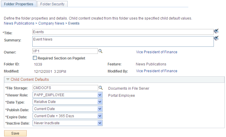 Folder Properties page with the Required Section on Pagelet option selected
