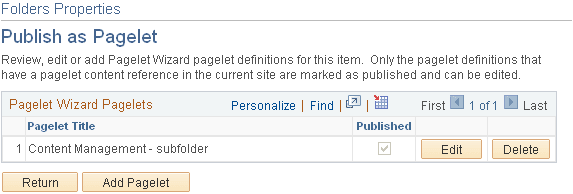 Folder Properties - Publish as Pagelet page