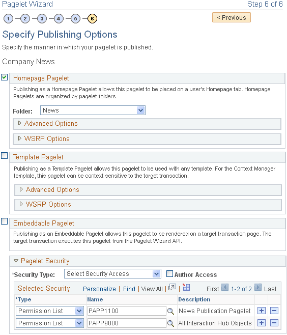 Pagelet Wizard - Specify Publishing Options page