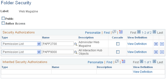 Folder Security page