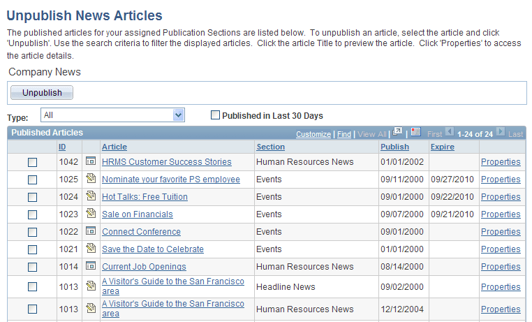 Unpublish News Articles page