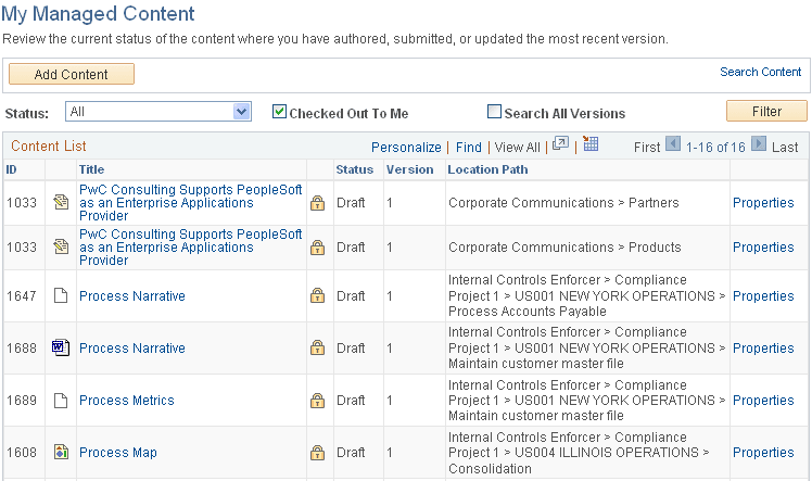 My Managed Content - Checked Out page showing content items that are filtered by the Status and Checked Out To Me fields