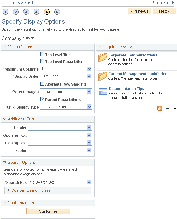 Pagelet Wizard - Specify Display Options page with Menu display format selected for a folder
