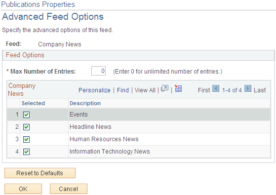 Publications Properties - Advanced Feed Options page