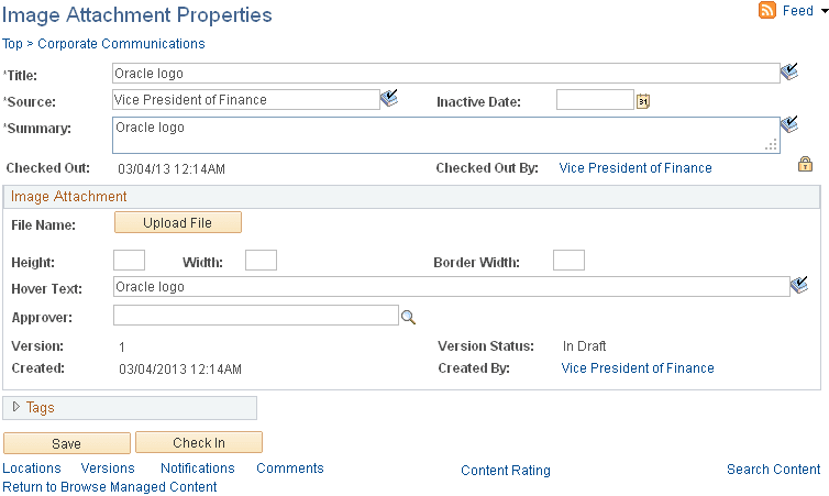 Image Attachment Properties page