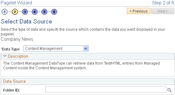 Pagelet Wizard - Select Data Source page (content item data type)