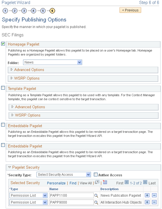 Pagelet Wizard - Specify Publishing Options page