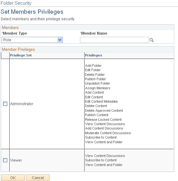 Folder Security - Set Members Privileges page: Categorized Content