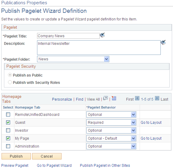 Publications Properties - Publish Pagelet Wizard Definition page