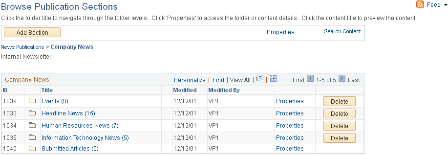 Example of the Browse Publication Sections page