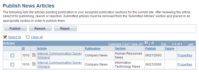 Publish News Articles page