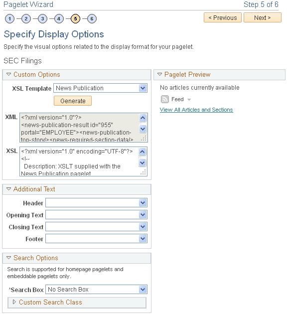 Pagelet Wizard - Specify Display Options page