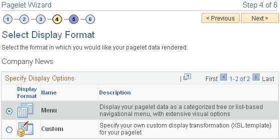 Pagelet Wizard - Select Display Format page with a folder selected in the Pagelet Wizard - Select Data Source page