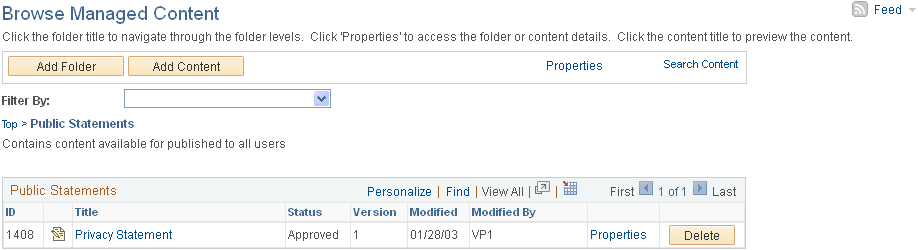Browse Managed Content page, Public Statements folder