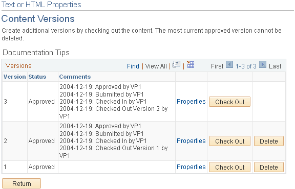 Content Versions page