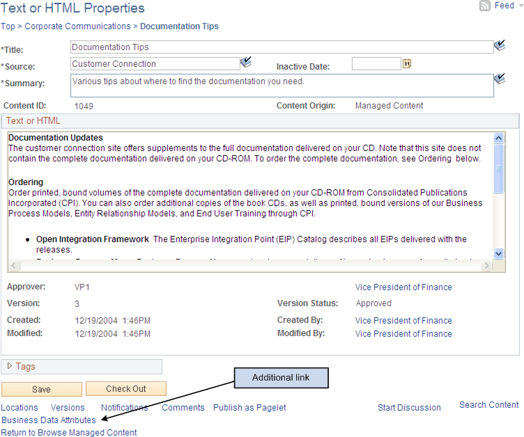 Example showing additional link when business attribute security is active