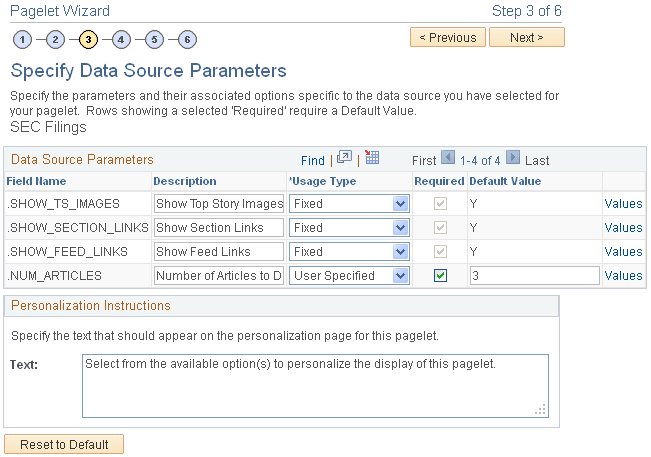 Pagelet Wizard - Specify Data Source Parameters page (News Publication data source)