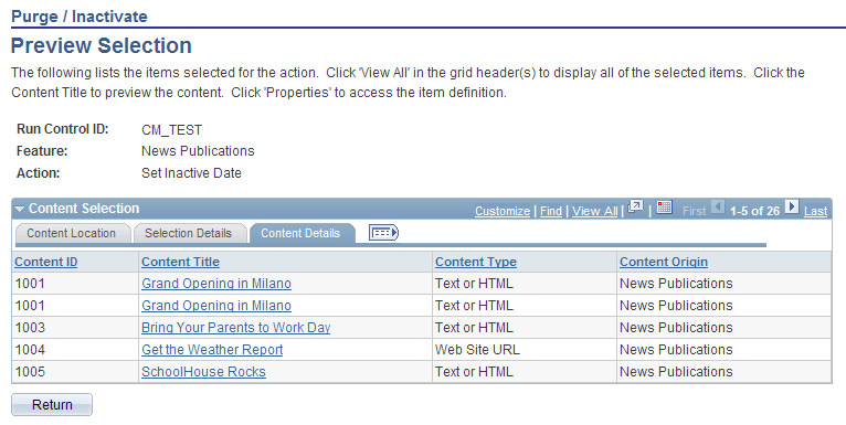Purge/Inactivate - Preview Selection page: Content Details tab