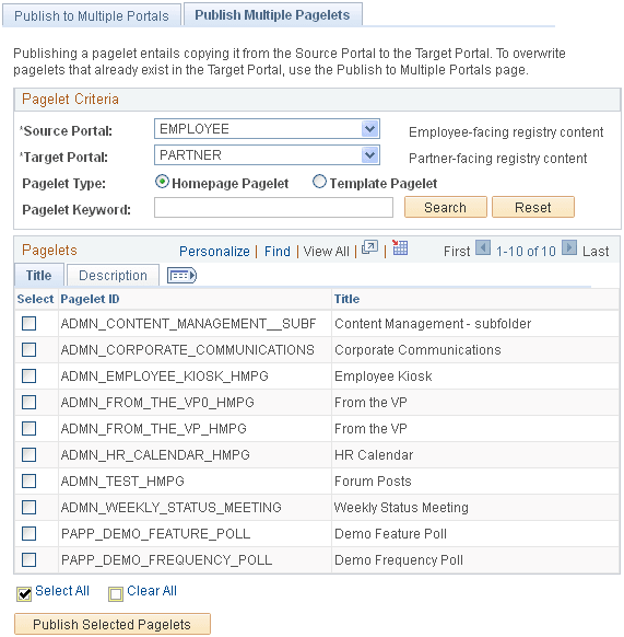 Publish Multiple Pagelets page