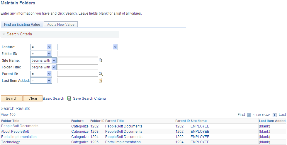 Maintain Folders page