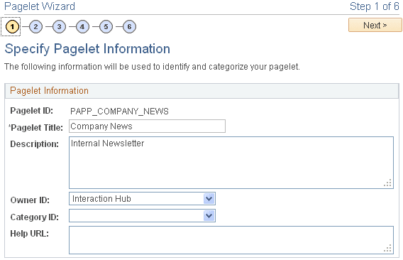 Pagelet Wizard - Specify Pagelet Information page