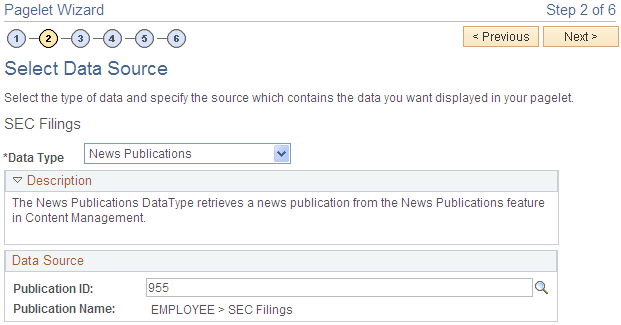 Pagelet Wizard - Select Data Source page (News Publications data type)