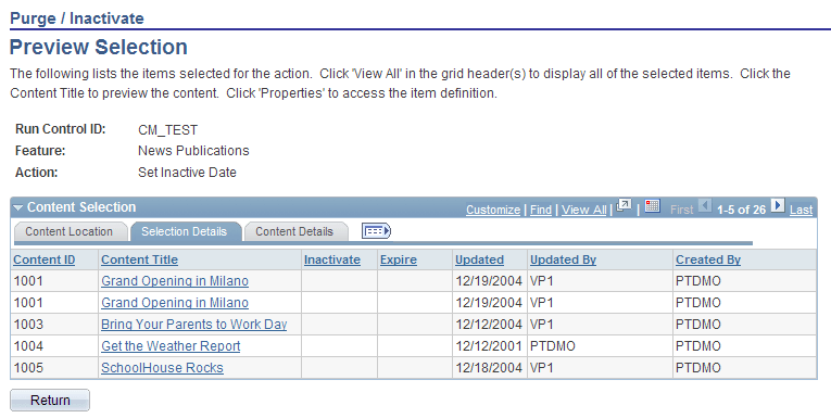 Purge/Inactivate - Preview Selection page: Selection Details tab