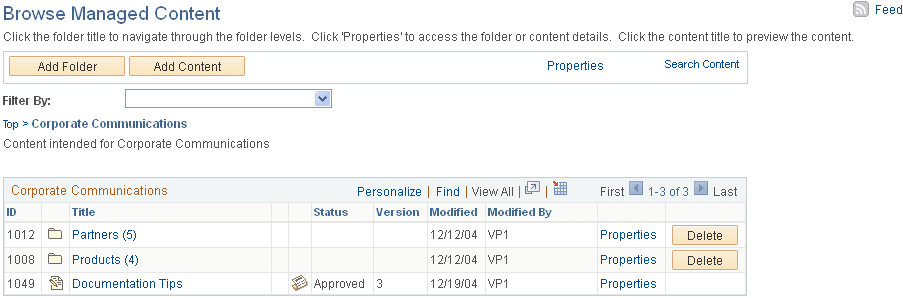 Example of a sublevel Browse Managed Content page