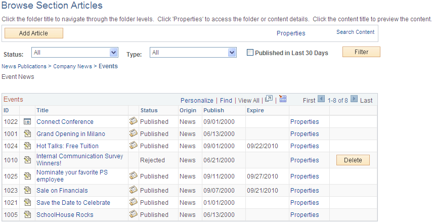 Browse Section Articles page