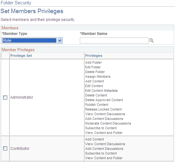 Folder Security - Set Members Privileges page: News Publications feature