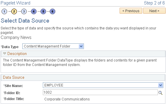 Pagelet Wizard - Select Data Source page (content management folder data type)