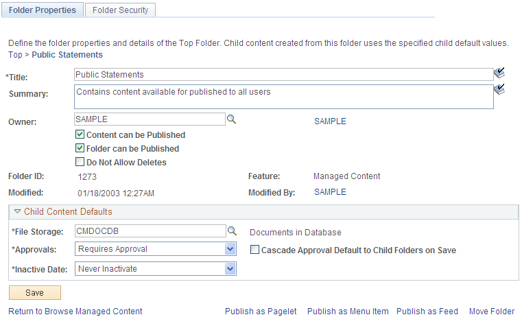 Folder Properties page