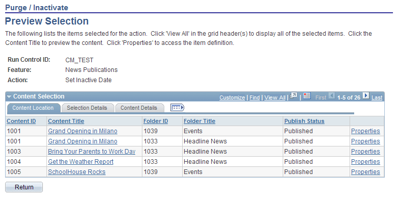 Purge/Inactivate - Preview Selection page: Content Location tab