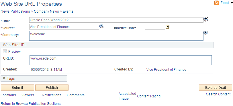 News Publications - Web Site URL Properties page