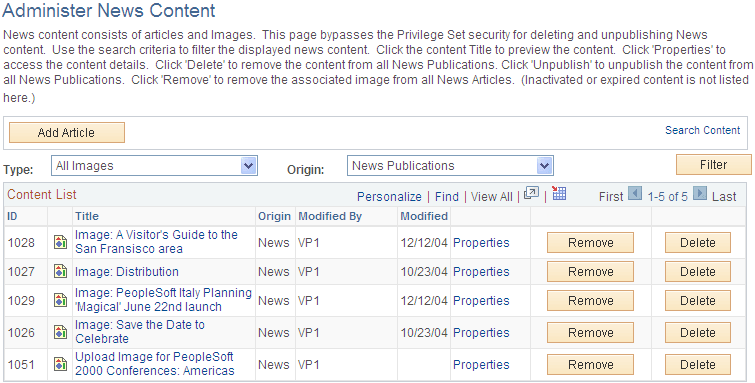 Administer News Content page