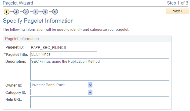 Pagelet Wizard - Specify Pagelet Information page