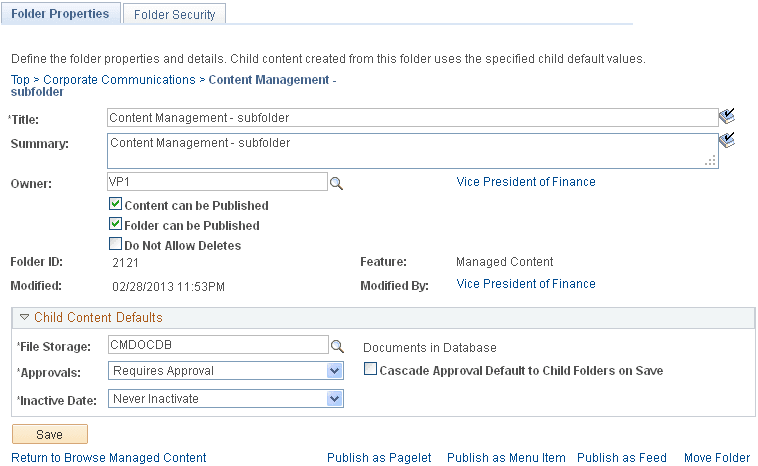 Folder Properties page